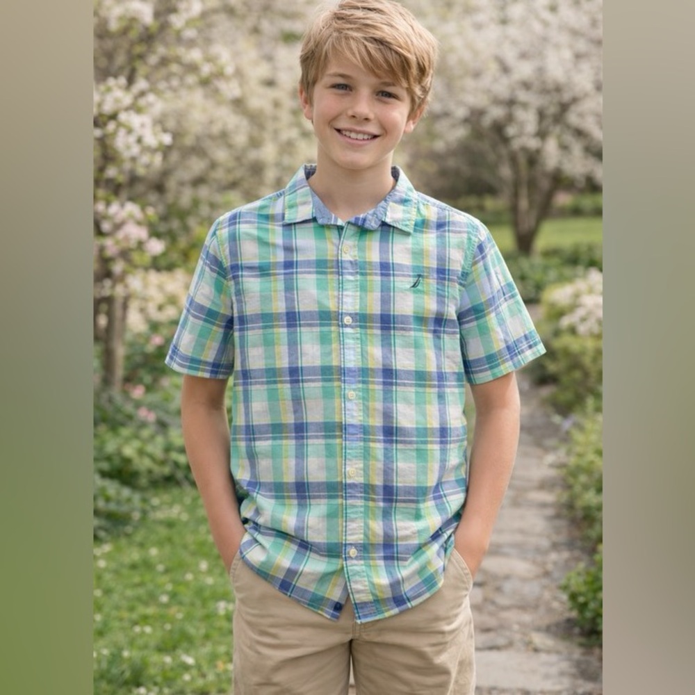 Nautica Short-Sleeve Plaid Button-Down Shirt - Blue, Green & Yellow